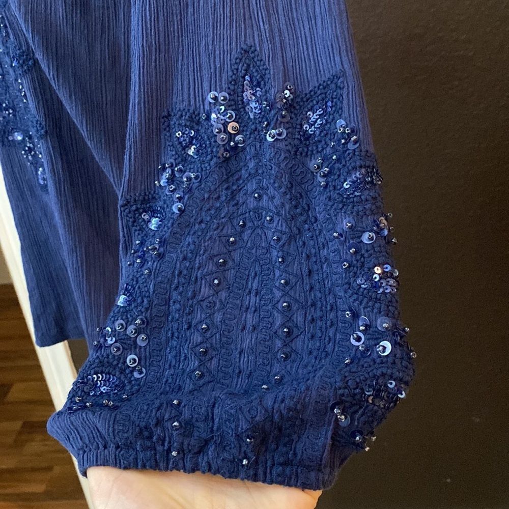 Tommy Bahama navy blue boho embroidered beaded 3/4 sleeve cotton gauze tunic top - Picture 6 of 8